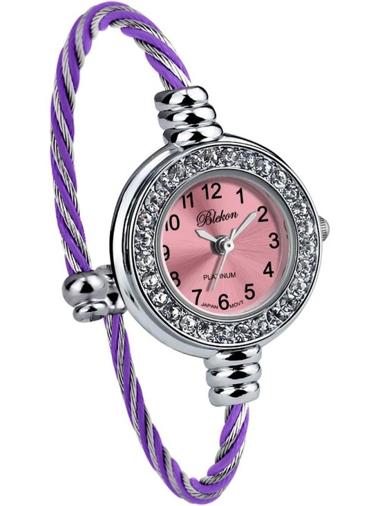 Women\'s Silver And Purple Analog Cuff Arabic Numbers Rhinestone Bracelet Watch